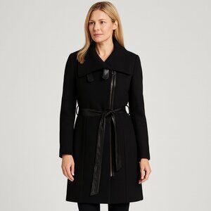 Jessie G Black Wool Coat with Faux Leather Belt & Trim | Women’s Size Large